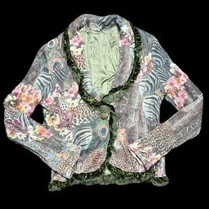 Alberto Makali Animal Jungle Screen Print Collar Sweater Velvet & Lace Trim